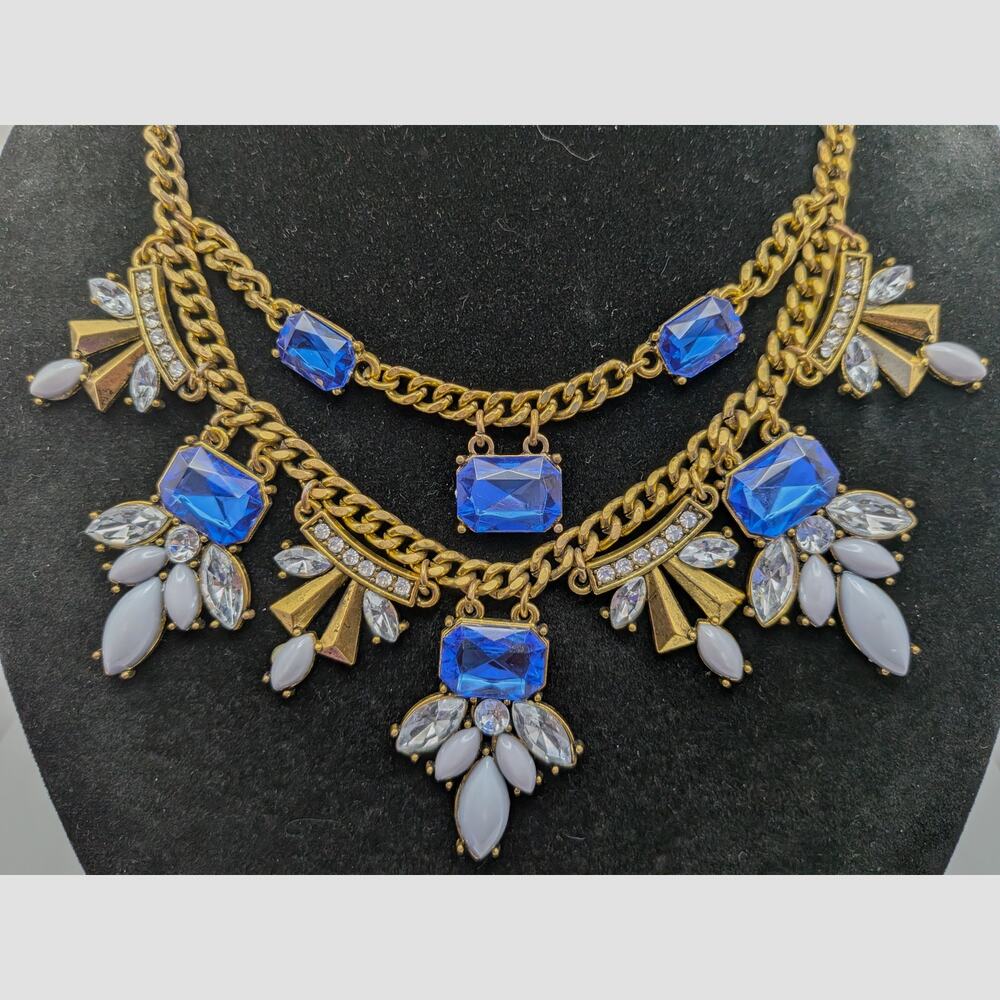 Gold Tone Blue Crystal Rhinestone Geometric Statement Bib Necklace Adjustable 18